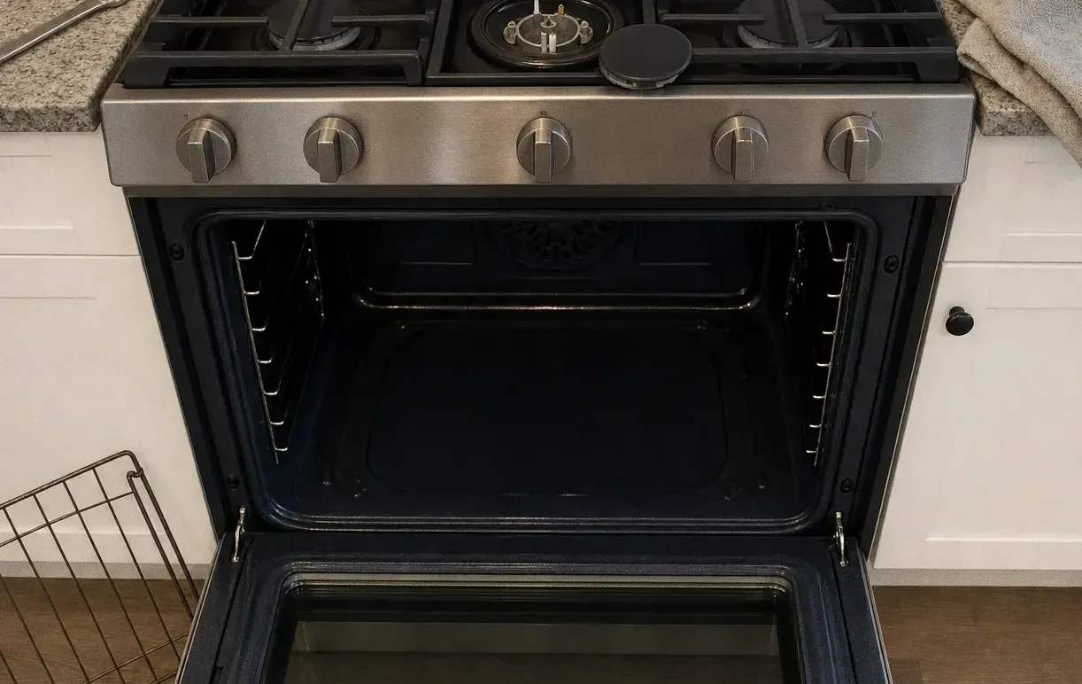 Close view of a stainless range knob rail above an open oven cavity, burner grates and a sealed burner in frame